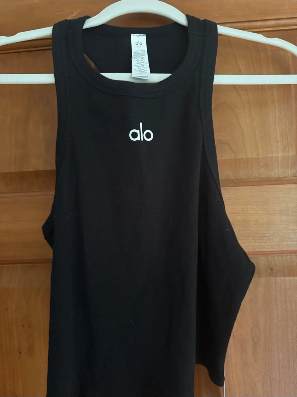 ALO Yoga aspire Black Ribbed Tank Top with White Logo